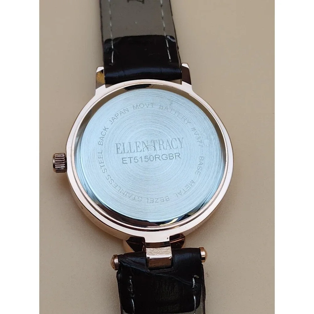 SEIKO ELLEN TRACY Watch Rose Gold Tone Deep Brown Alligator Band Heart CZ